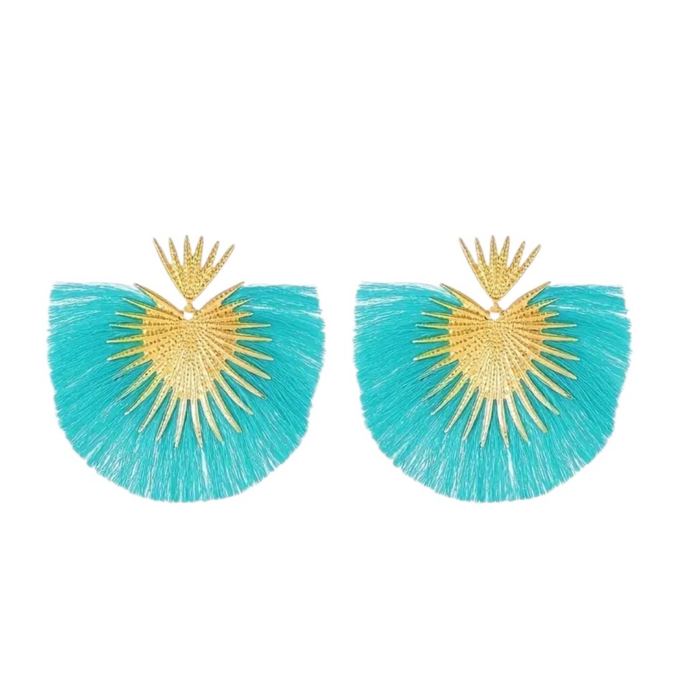 Sky Blue and Gold Fringe Large Fan Earrings